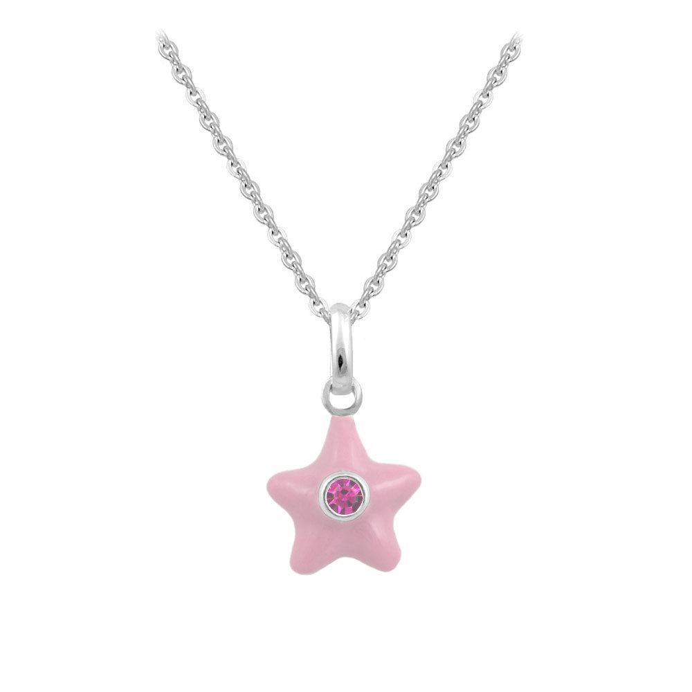 Sterling Silver Girl's Birthstone Enamel Star Pendant Necklace (12-18 In)