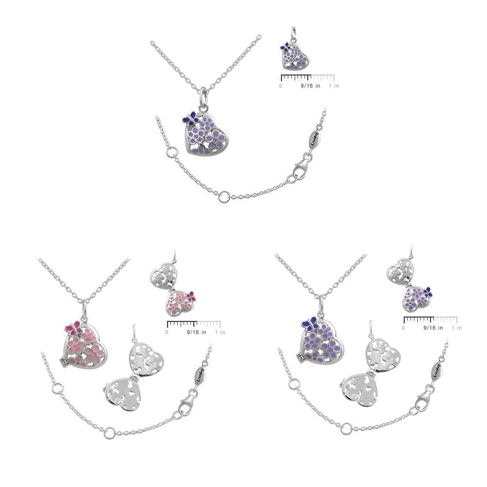 Girls Jewelry - Silver Pink Enameled Heart Flower Butterfly Necklace (12-18 in) 2
