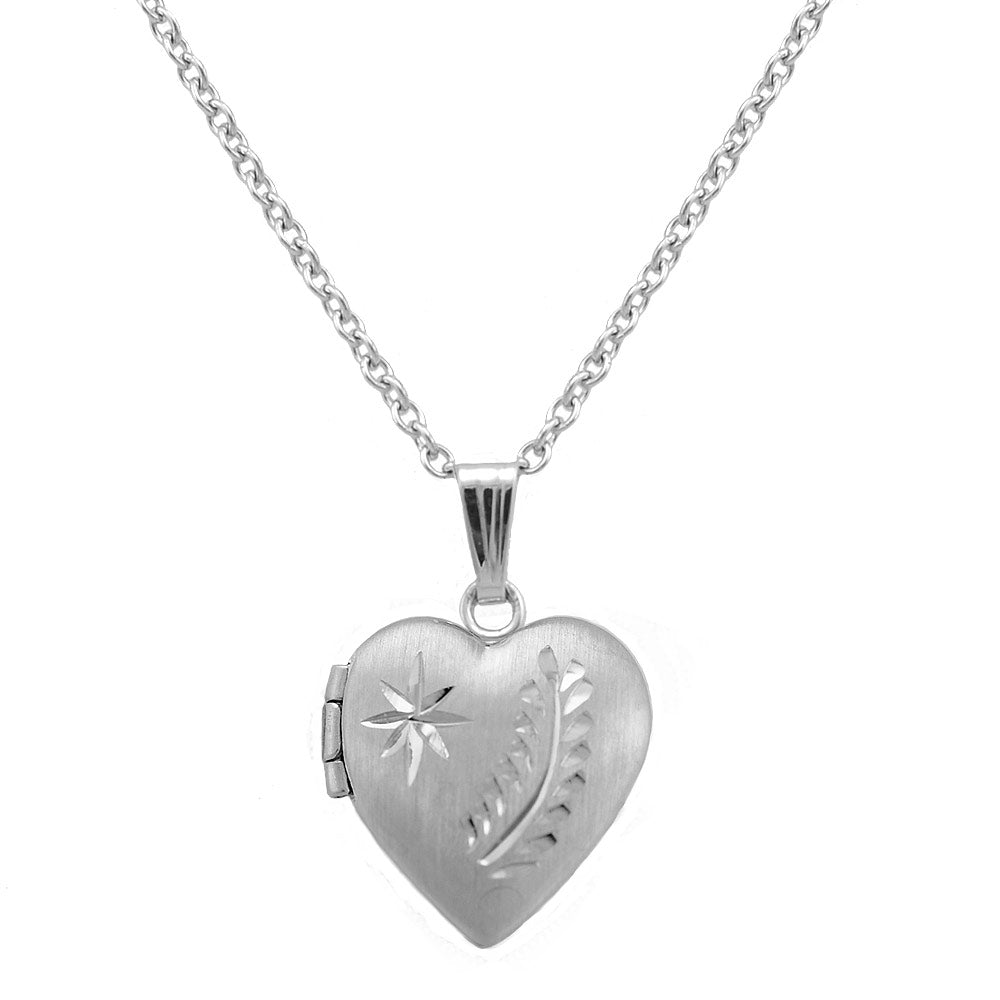 Girl's 15 In Silver Engraved Star and Fern Leaf Heart Locket Necklace 1