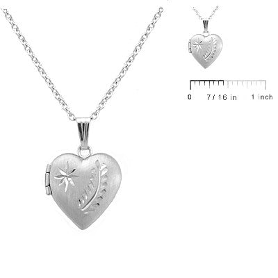 Girl's 15 In Silver Engraved Star and Fern Leaf Heart Locket Necklace 2