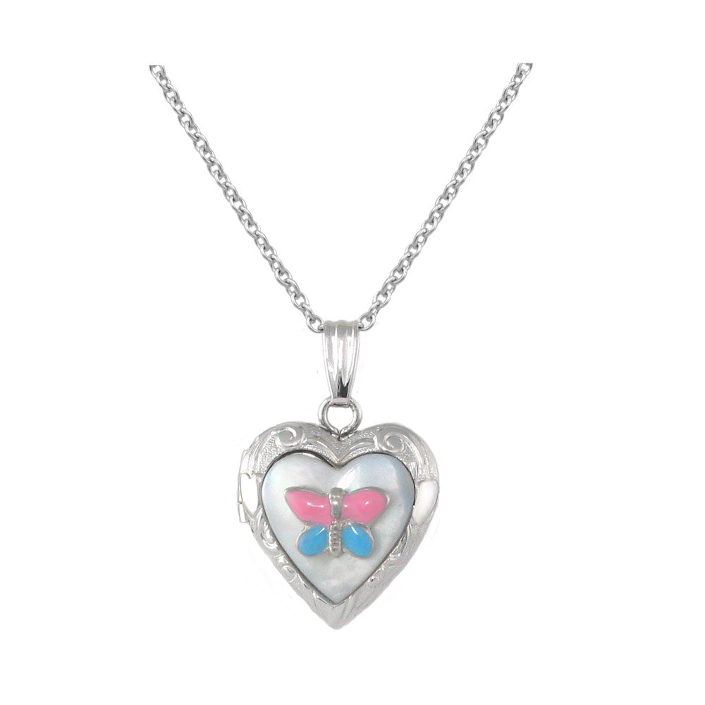 Girl's Sterling Silver Mother of Pearl Butterfly Heart Locket Necklace (15 in) 1