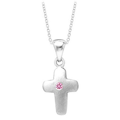 Girl's Sterling Silver Diamond/Pink Sapphire Accent Cross Necklace (14-16 In)