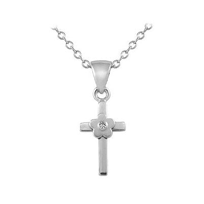Girls Silver Diamond/Pink Sapphire Flower Cross Pendant Necklace (14-16 in) 1