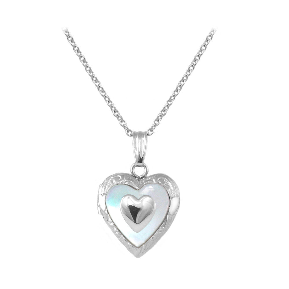 Children Gold Or Silver Mother of Pearl Heart Locket Necklace For Girls (15 in)