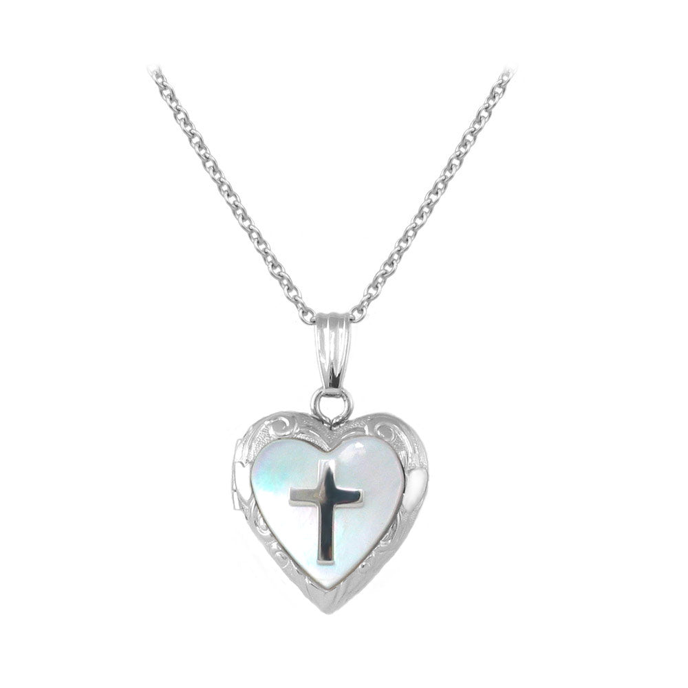 15 In Yellow Gold Or Silver Mother of Pearl Cross Heart Locket Necklace For Children 1