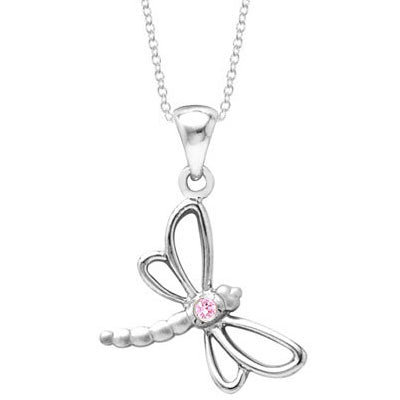Young Girl's Silver Dragonfly Necklace With Pink Sapphire (14 to 16 inches) 1