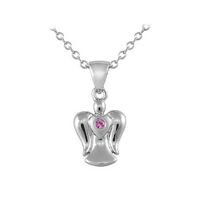 Sterling Silver Diamond /Pink Sapphire Girls Angel Pendant Necklace (14-16 In)