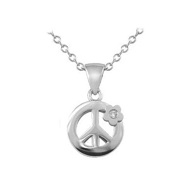Girls Silver Diamond Peace Sign Pendant Trace Chain Necklace (14-16 inches) 1