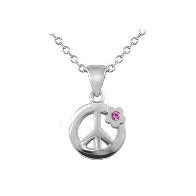 Silver Pink Sapphire Peace Sign Pendant Trace Chain Girl Necklace (14-16inches) 1