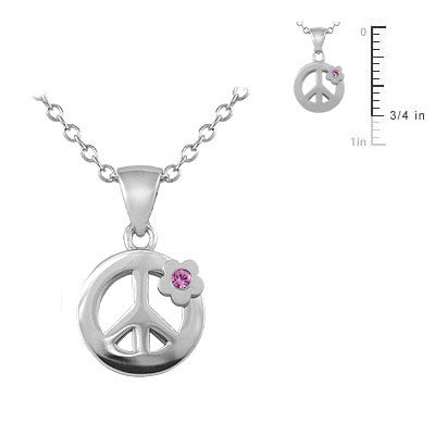 Silver Pink Sapphire Peace Sign Pendant Trace Chain Girl Necklace (14-16inches) 2