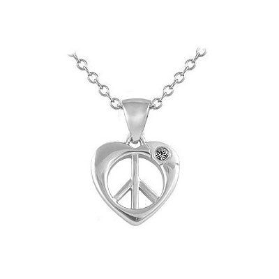 Silver Diamond/Pink Sapphire Heart Shape Peace Sign Girl Necklace (14-16 In)
