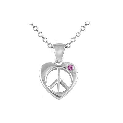 Silver Diamond/Pink Sapphire Heart Shape Peace Sign Girl Necklace (14-16 In) 1