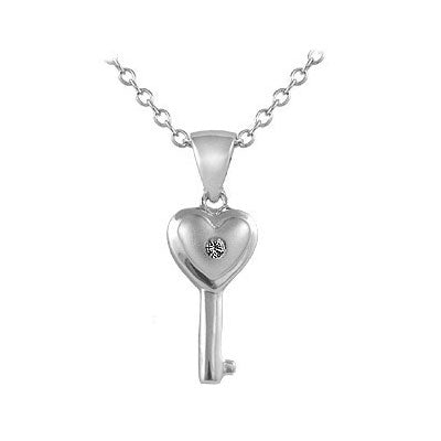 Girl's Sterling Silver Diamond Key Pendant Trace Chain Necklace (14-16 inches) 1