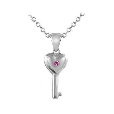 Girl's Sterling Silver Pink Sapphire Key Necklace (14-16 inches) 1