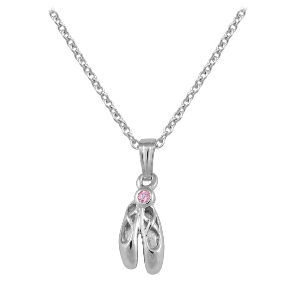 Girl's Sterling Silver Pink CZ Ballet Shoe Pendant Necklace (15 in) 1