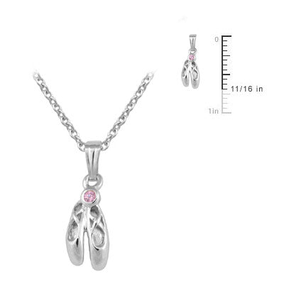 Girl's Sterling Silver Pink CZ Ballet Shoe Pendant Necklace (15 in) 2