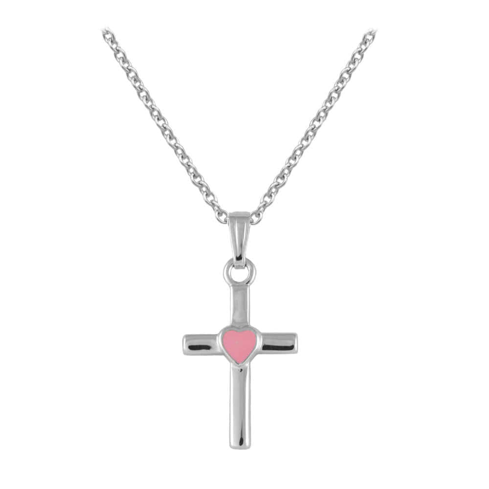 Kids Jewelry - Sterling Silver Pink Heart Cross Necklace For Girls (15 in) 1