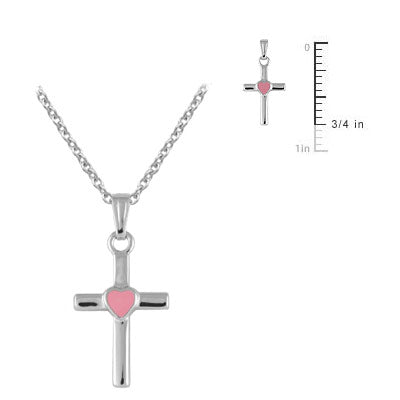 Kids Jewelry - Sterling Silver Pink Heart Cross Necklace For Girls (15 in) 2