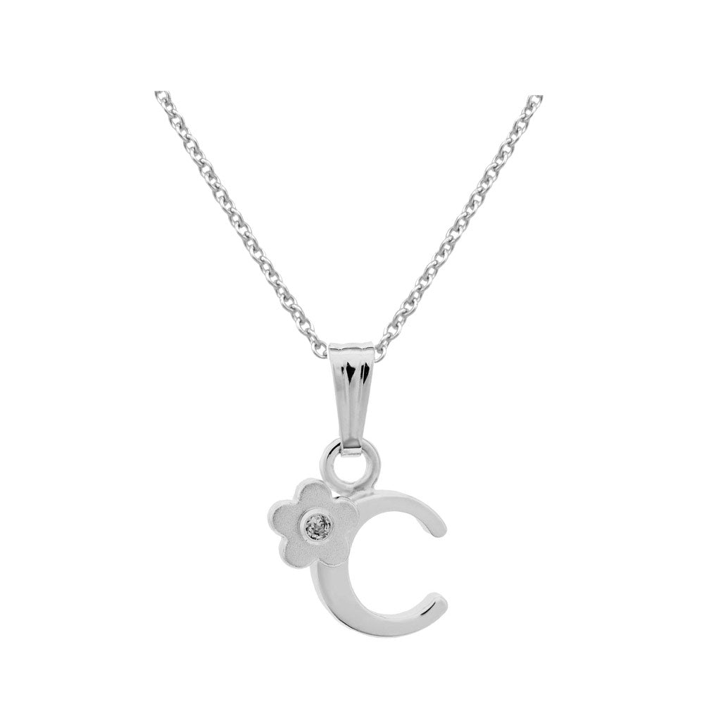 Girls Jewelry - Silver Diamond Initial Flower Pendant Necklace (14-16 In)