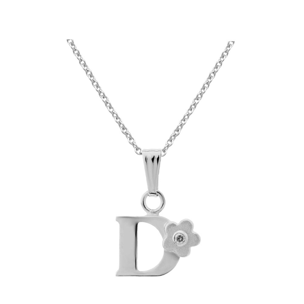 Girls Jewelry - Silver Diamond Initial Flower Pendant Necklace (14-16 In)