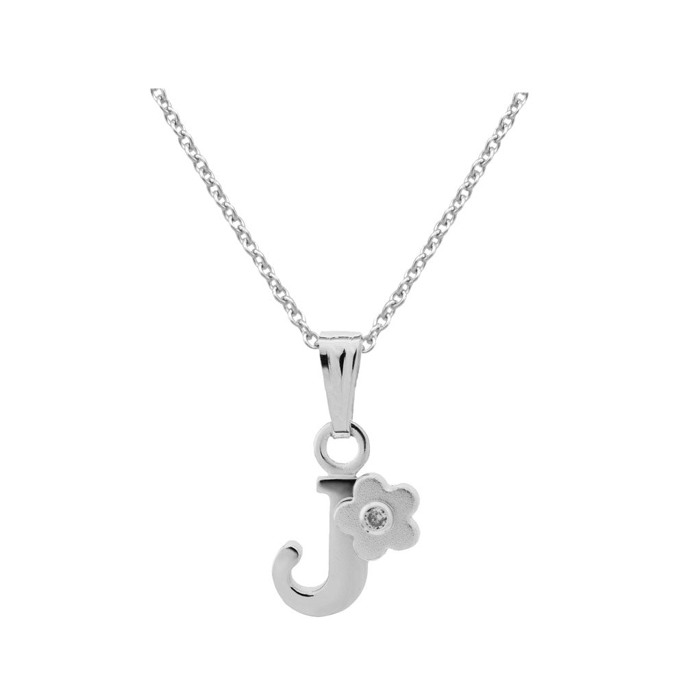 Girls Jewelry - Silver Diamond Initial Flower Pendant Necklace (14-16 In)