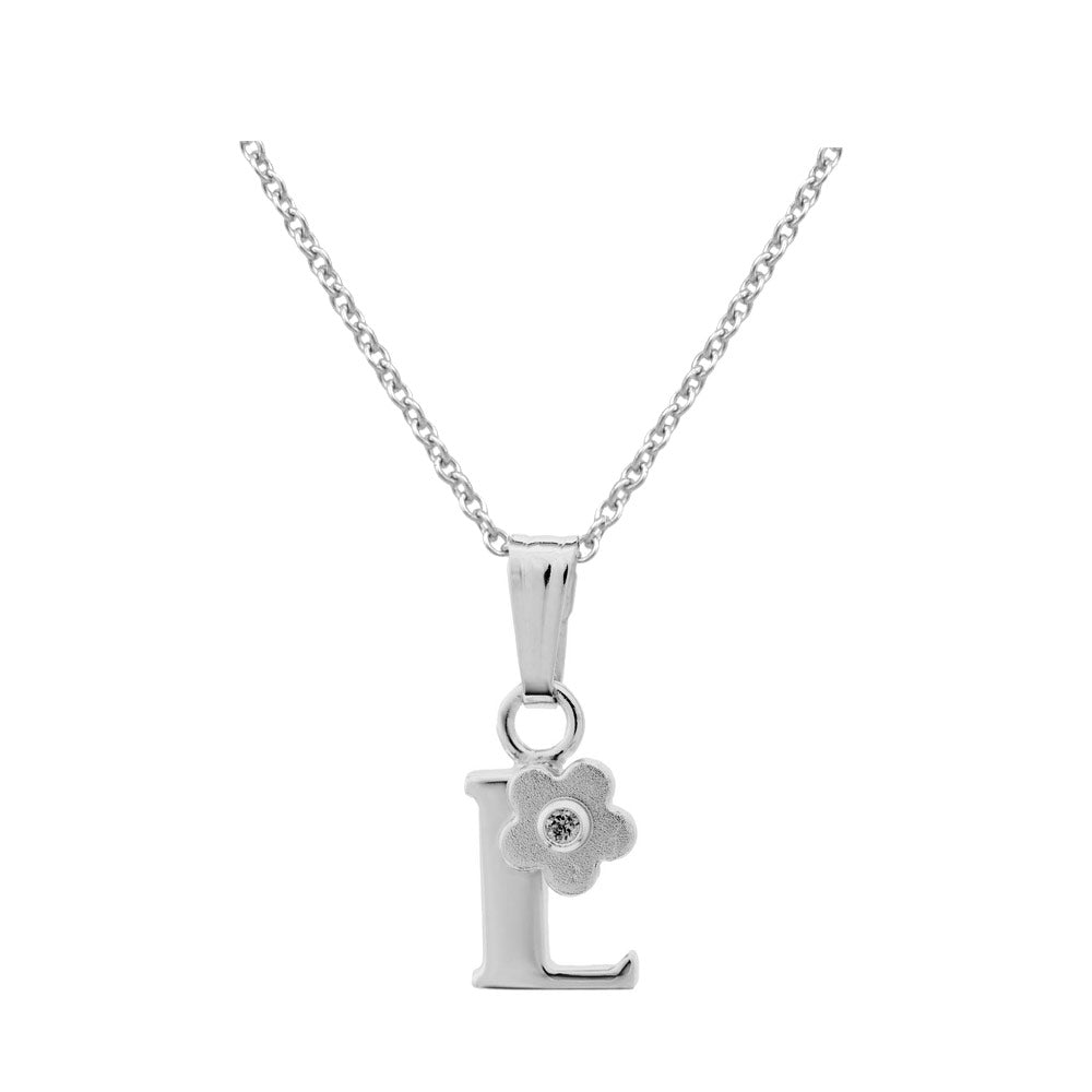 Girls Jewelry - Silver Diamond Initial Flower Pendant Necklace (14-16 In)