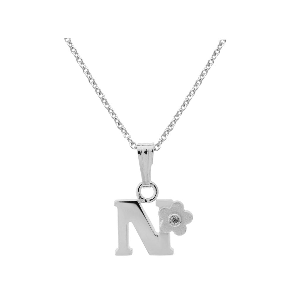 Girls Jewelry - Silver Diamond Initial Flower Pendant Necklace (14-16 In)