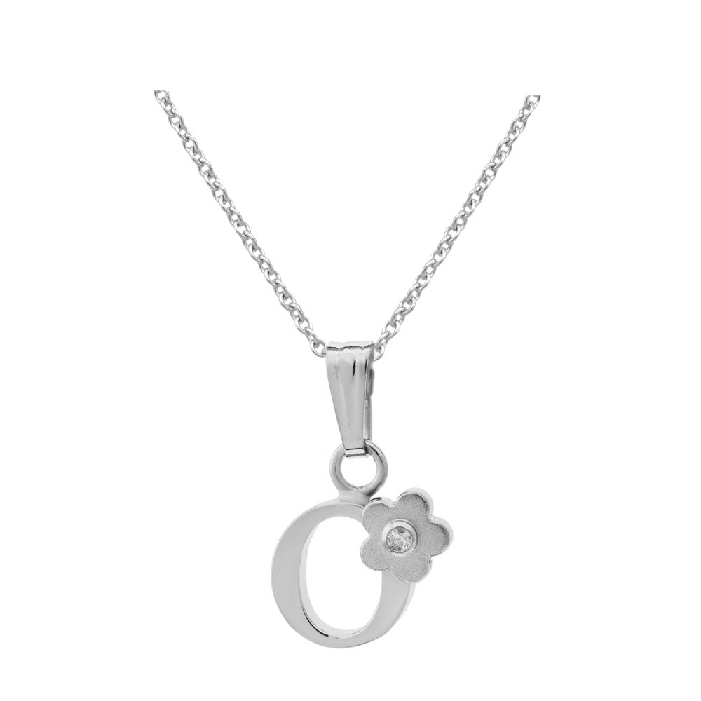 Girls Jewelry - Silver Diamond Initial Flower Pendant Necklace (14-16 In)