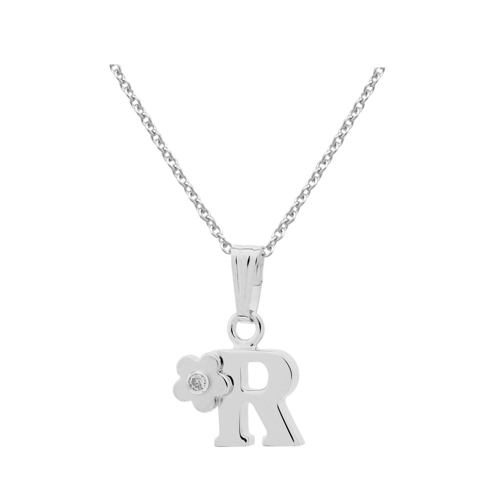 Girls Jewelry - Silver Diamond Initial Flower Pendant Necklace (14-16 In)