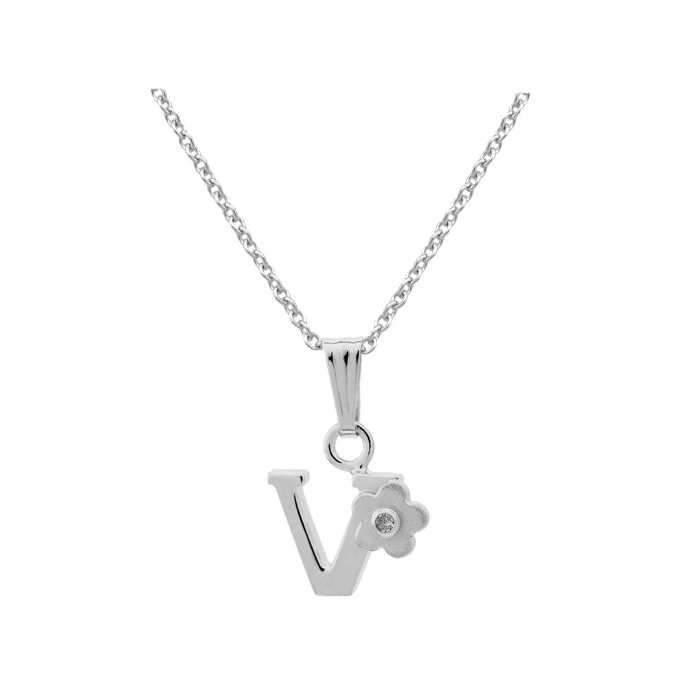 Girls Jewelry - Silver Diamond Initial Flower Pendant Necklace (14-16 In)