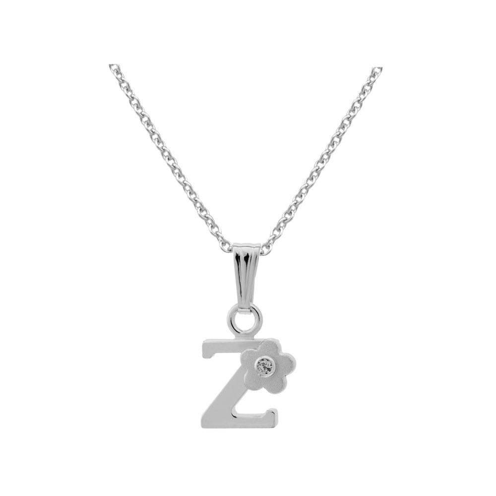 Girls Jewelry - Silver Diamond Initial Flower Pendant Necklace (14-16 In)
