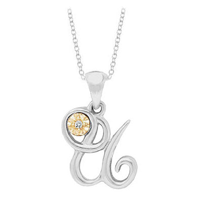 Silver & 14K Gold Diamond Script Initial U Children's Necklace (14-16 in) 1