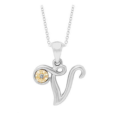 Silver & 14K Gold Diamond Script Initial V Children's Necklace (14-16 in) 1