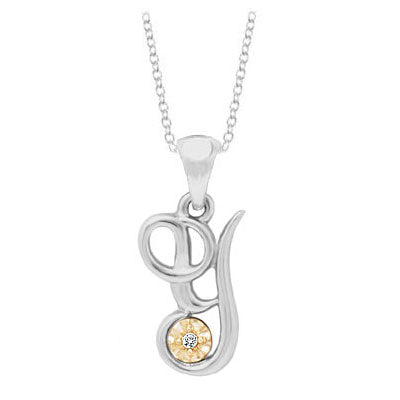 Silver & 14K Gold Diamond Script Initial Y Children's Necklace (14-16 in) 1