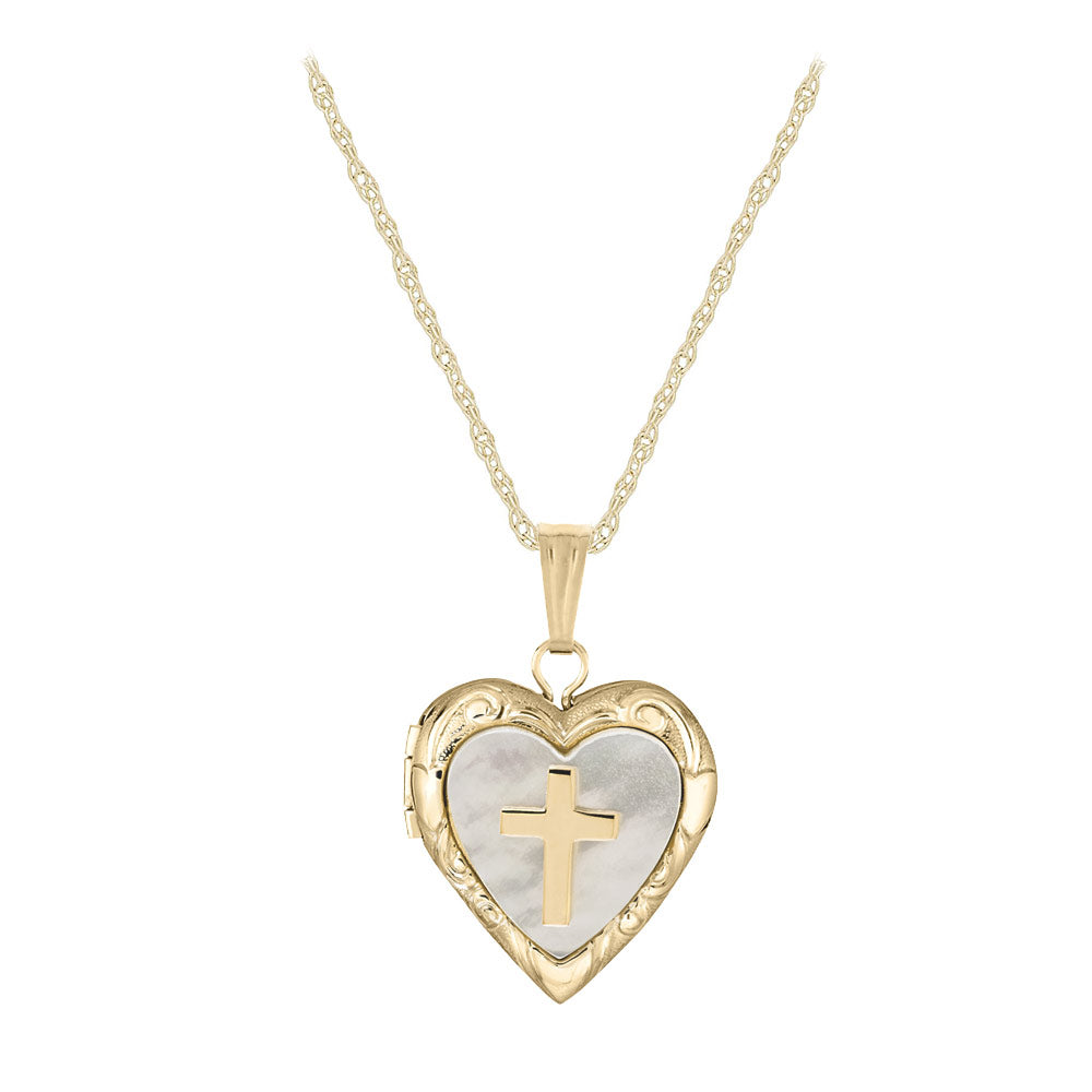 15 In Yellow Gold Or Silver Mother of Pearl Cross Heart Locket Necklace For Children