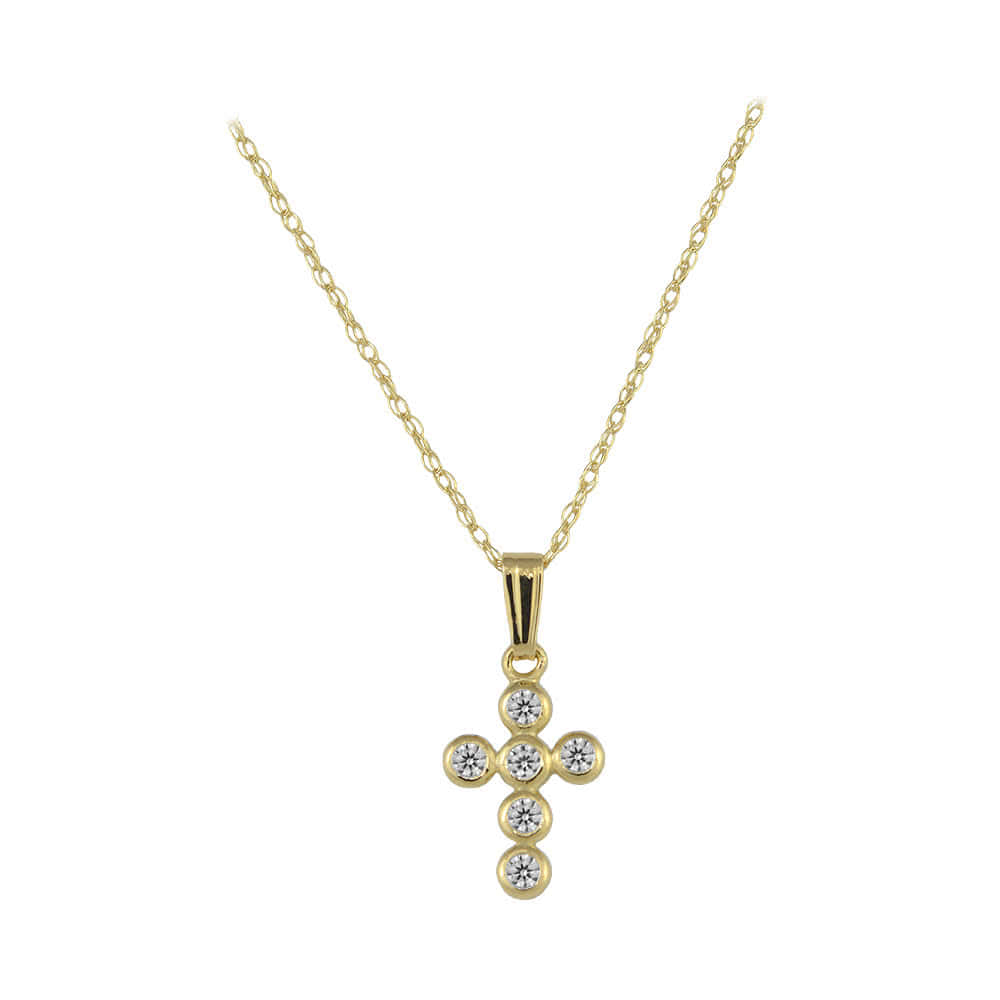 Girls 14K Yellow Gold White Cubic Zirconia Cross Pendant Necklace (15 inches) 1