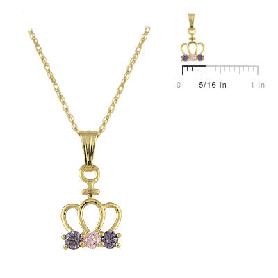 Girls 14K Yellow Gold Pink/Purple CZ Crown Pendant Necklace (15 inches) 2