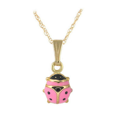 Children 14K Yellow Gold Pink Enamel Ladybug Pendant Necklace (15 in) 1