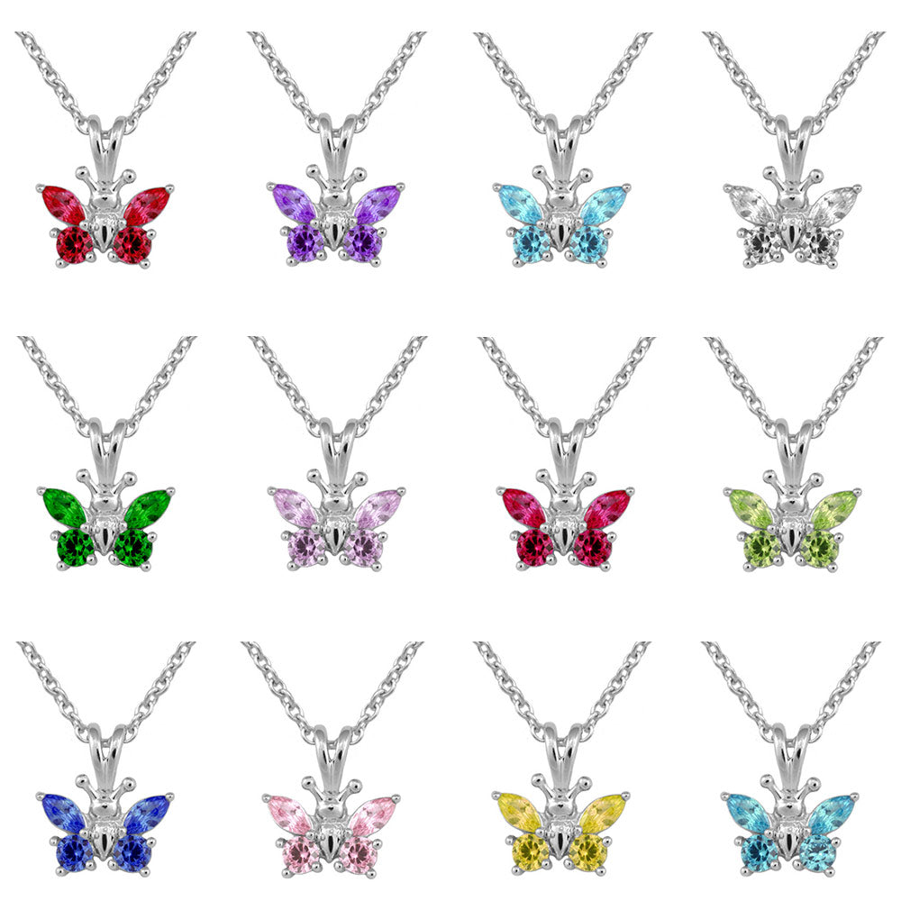 Girl's Sterling Silver CZ Birthstone Butterfly Necklace (15 in) 2