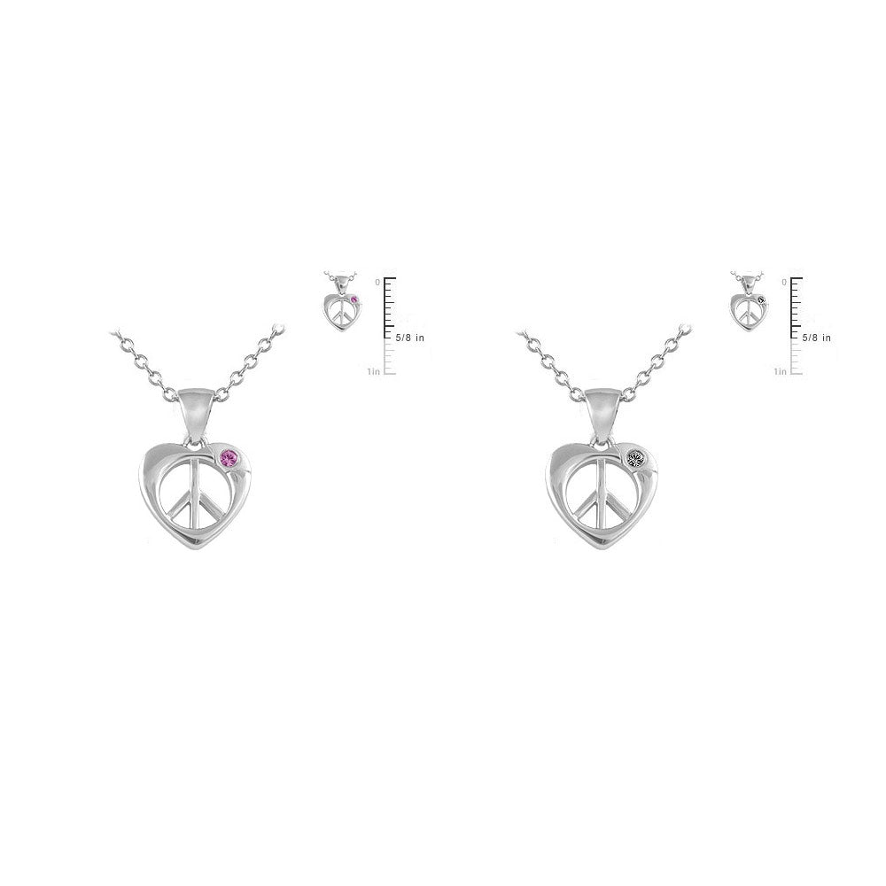 Silver Diamond/Pink Sapphire Heart Shape Peace Sign Girl Necklace (14-16 In) 2