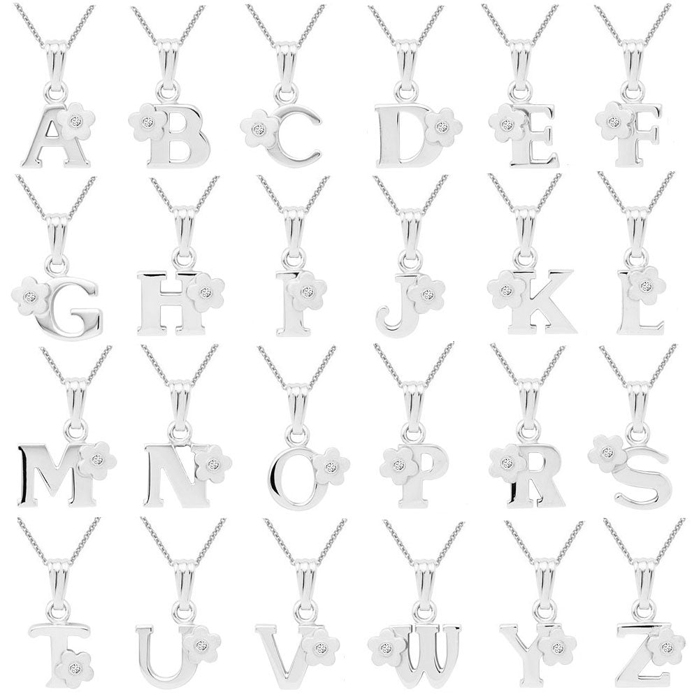 Girls Jewelry - 24 Letters Silver Diamond Flower Pendant Necklace (14-16 In) 2