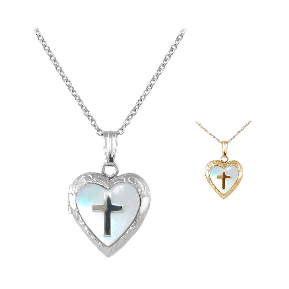 15 In Yellow Gold Or Silver Mother of Pearl Cross Heart Locket Necklace For Children 2