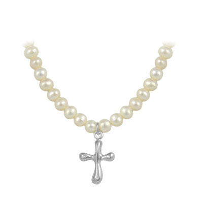 Girls 15-17 Inches Silver Freshwater Cultured Pearl Cross, Heart Or Candy Necklace