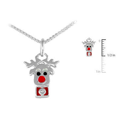 Children's Sterling Silver Enameled Rudolph Diamond Necklace (14 in) 1