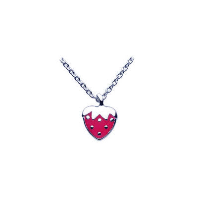 12-14 Inch Silver Rose Pink Enameled Strawberry Pendant Kids Necklace 1