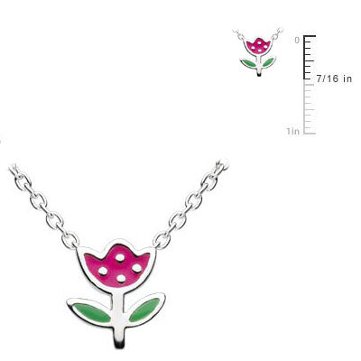 Sterling Silver Red/Green Enameled Flower Pendant Kids Necklace (12-14 in) 1