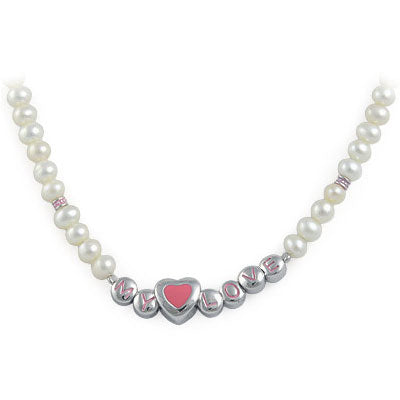 Kids Jewelry - Silver Cultured Pearl Heart My Love Beads Necklace For Girls 1