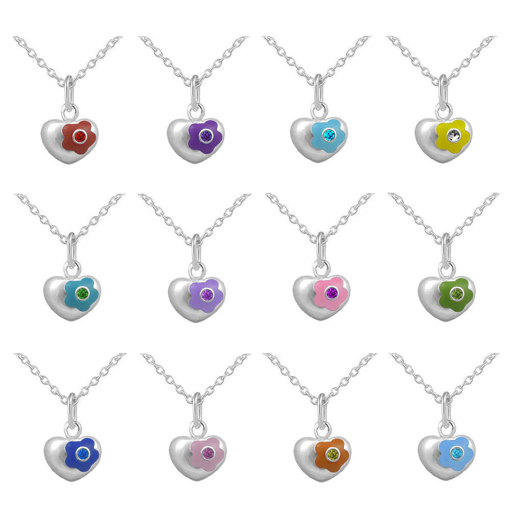 12-18 Inches Silver Simulated Birthstone Flower Heart Children And Teen Girls Necklace 2