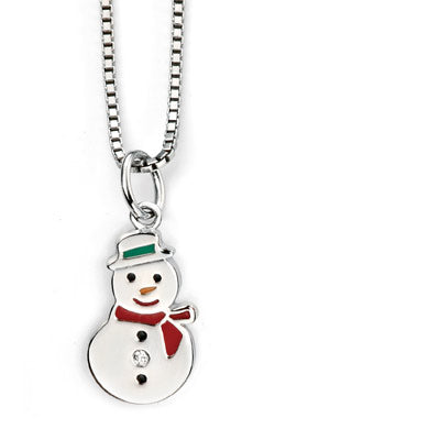 Kids Jewelry - 14 In Sterling Silver Snowman Diamond Necklace For Boys & Girls