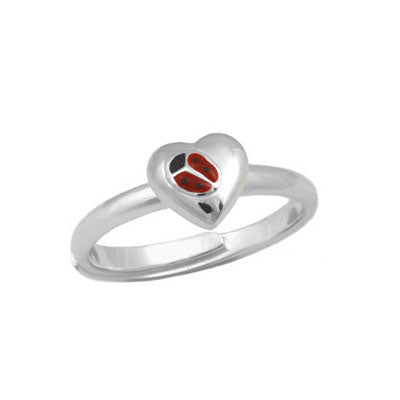 Silver Enameled Ladybug Heart Girls Ring Adjustable Size 3 To 7 1